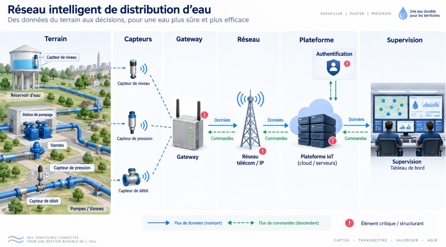 Architecture IoT d’un réseau intelligent de distribution d’eau, du terrain au centre de supervision.