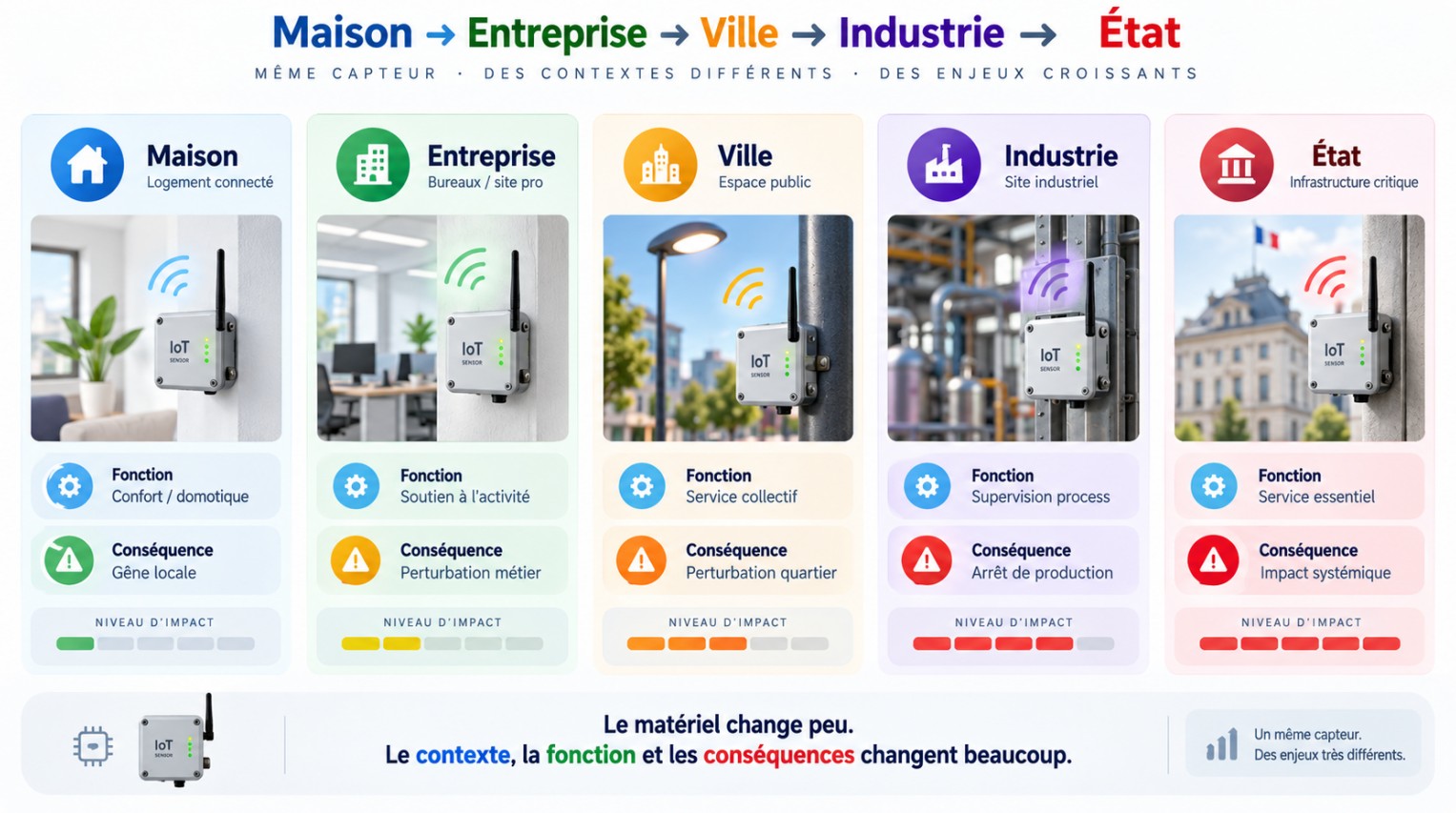 Un même capteur prend une criticité croissante selon son usage dans la maison, l’entreprise, la ville, l’industrie ou une infrastructure d’État.