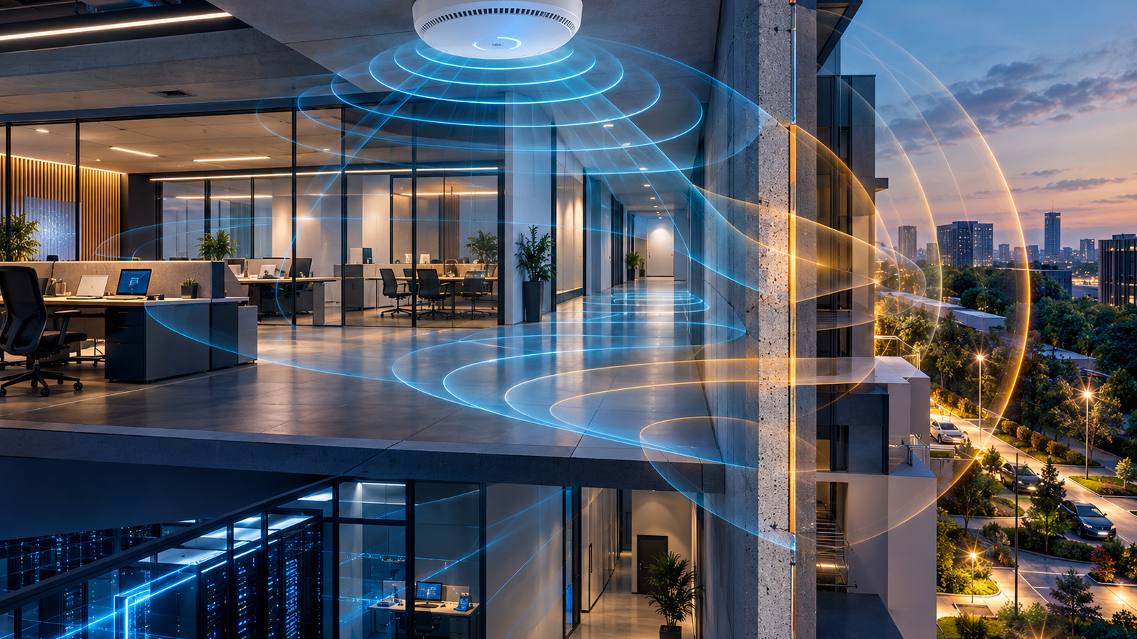 Illustration d’une infrastructure Wi-Fi et de sa couverture radio conceptuelle.