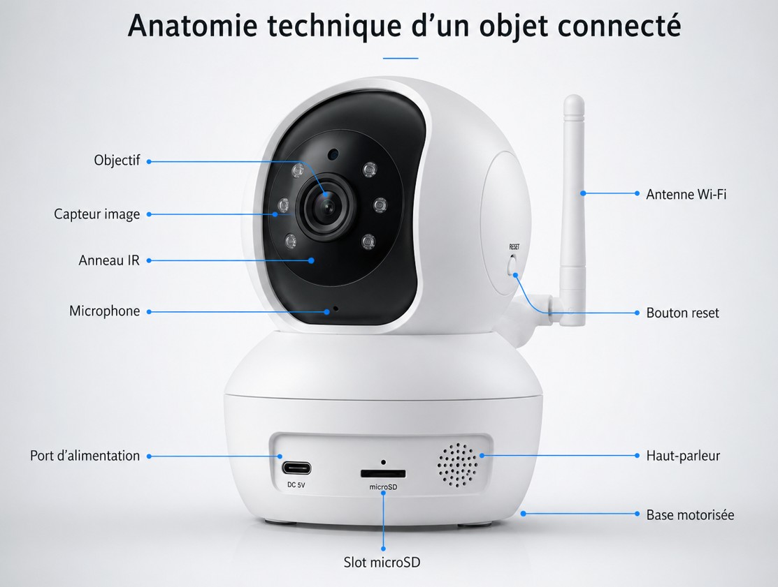 Vue extérieure d'une caméra IP connectée présentant son objectif, son capteur d'image, son anneau infrarouge, son microphone, son antenne Wi-Fi, son bouton reset, son port d'alimentation, son slot microSD, son haut-parleur et sa base motorisée.