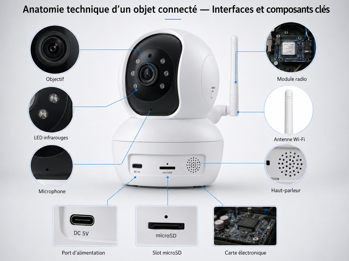 Caméra IP entourée de vues détaillées de son objectif, de ses LED infrarouges, de son microphone, de son module radio, de son antenne Wi-Fi, de son haut-parleur, de son port d'alimentation, de son lecteur microSD et de sa carte électronique.
