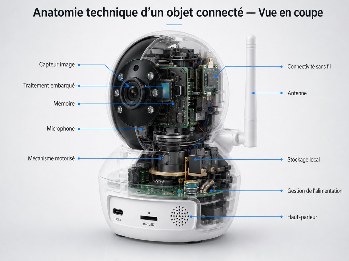 Vue en coupe pédagogique d'une caméra connectée montrant le capteur image, le traitement embarqué, la mémoire, le microphone, le mécanisme motorisé, la connectivité sans fil, l'antenne, le stockage local, la gestion de l'alimentation et le haut-parleur.