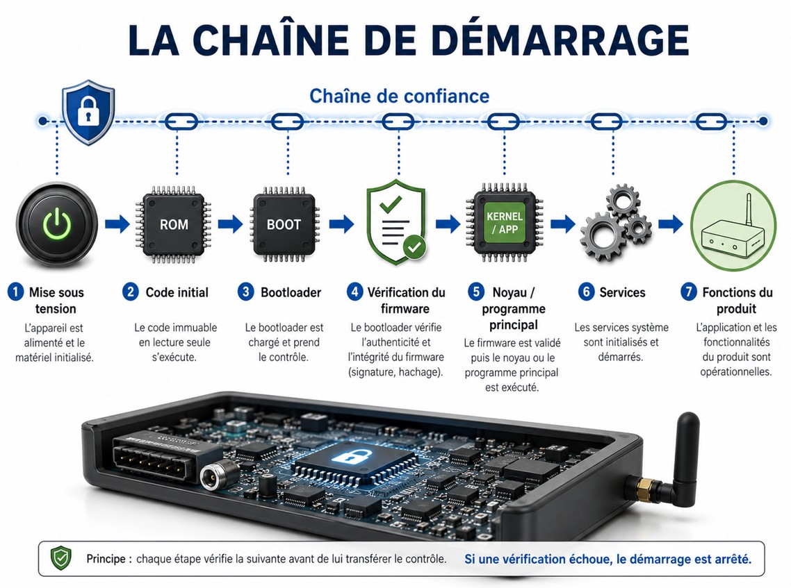 La chaîne de démarrage d'un objet connecté : mise sous tension, code initial (ROM), bootloader, vérification du firmware, noyau/programme principal, services, fonctions du produit — reliés par une chaîne de confiance.