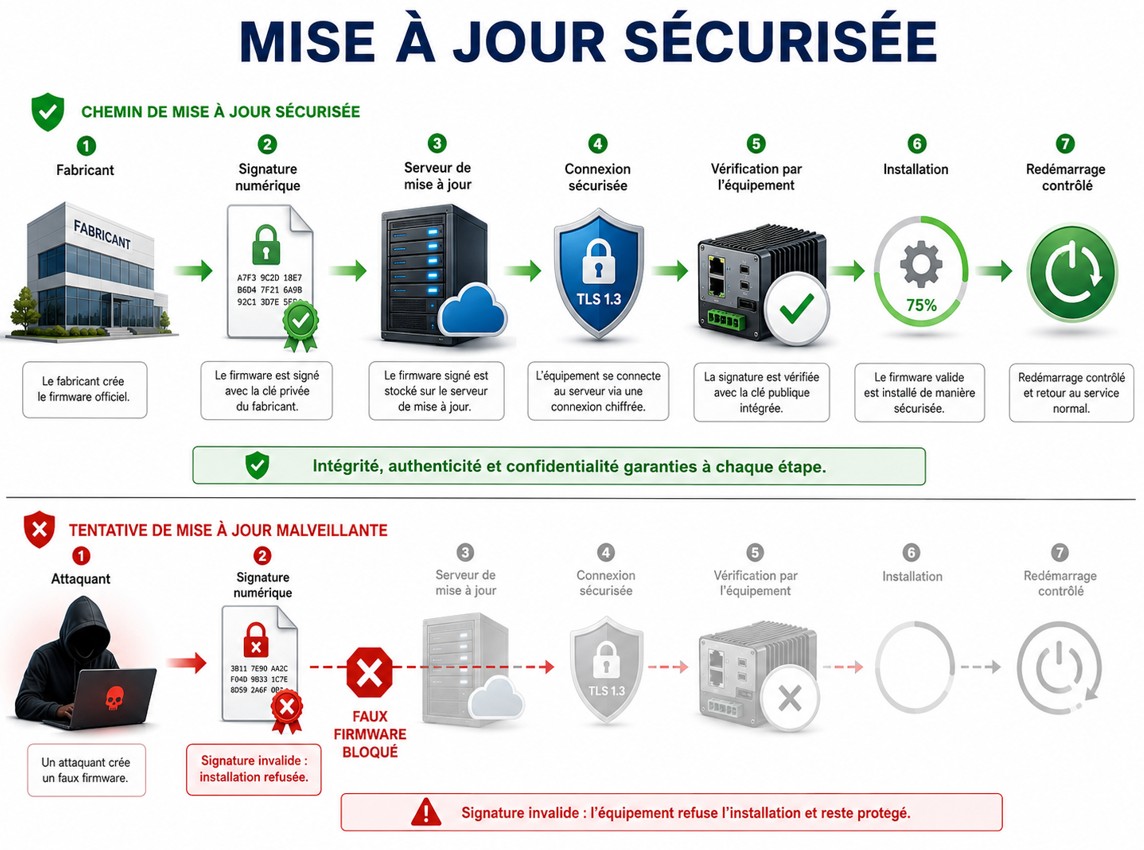 Mise à jour sécurisée : fabricant, signature numérique, serveur de mise à jour, connexion sécurisée (TLS), vérification par l'équipement, installation, redémarrage contrôlé — et, en bas, une tentative de faux firmware bloquée car la signature est invalide.