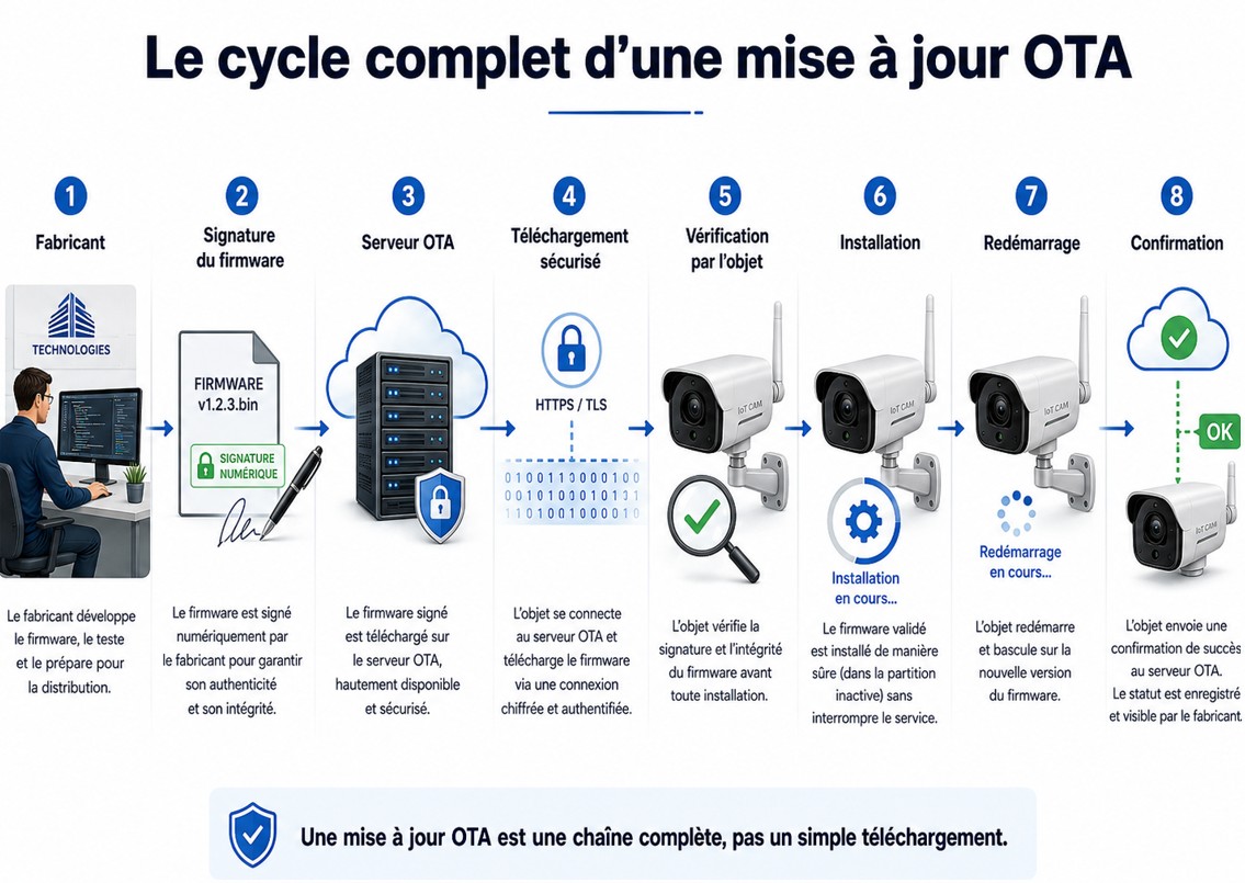 Le cycle complet d'une mise à jour OTA : fabricant, signature du firmware, serveur OTA, téléchargement sécurisé, vérification par l'objet, installation, redémarrage, confirmation.