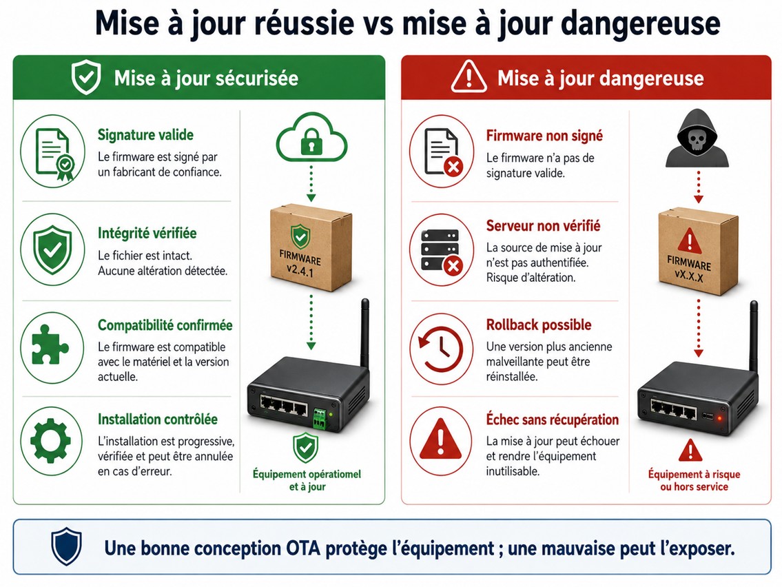 Comparaison entre une mise à jour OTA sécurisée (signature valide, intégrité vérifiée, compatibilité confirmée, installation contrôlée) et une mise à jour dangereuse (firmware non signé, serveur non vérifié, rollback possible, échec sans récupération).