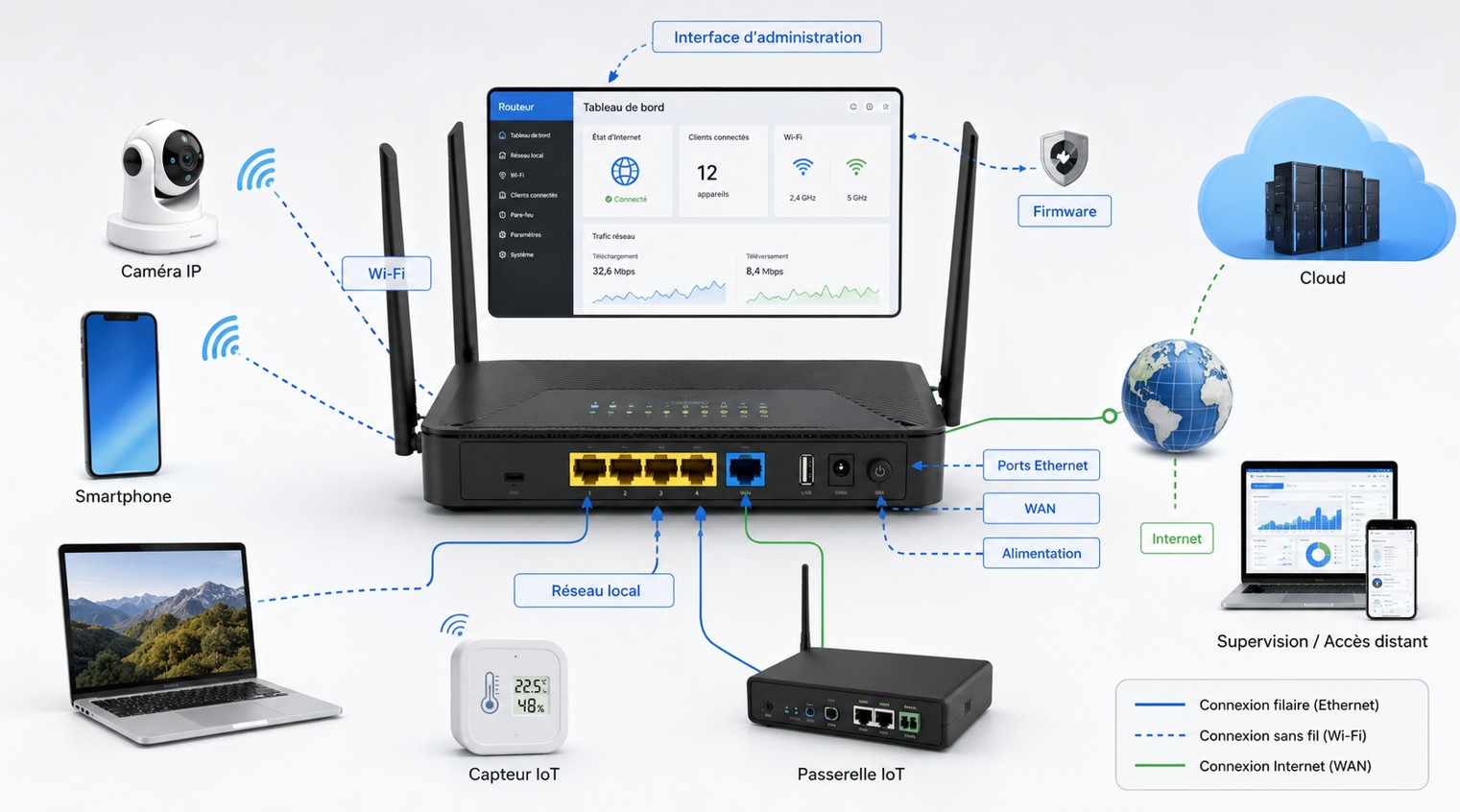 Routeur annoté présentant ses antennes Wi-Fi, ses ports Ethernet, son port WAN, son processeur réseau, son firmware, son interface d'administration et son rôle de connexion entre réseau local et Internet.