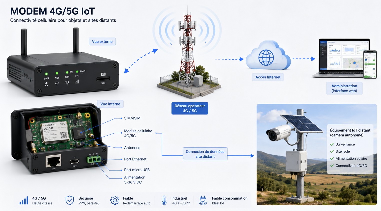 Modem 4G/5G annoté montrant son logement SIM/eSIM, ses antennes, son module cellulaire, son port Ethernet ou USB, son alimentation, son interface d'administration et sa connexion vers le réseau opérateur.