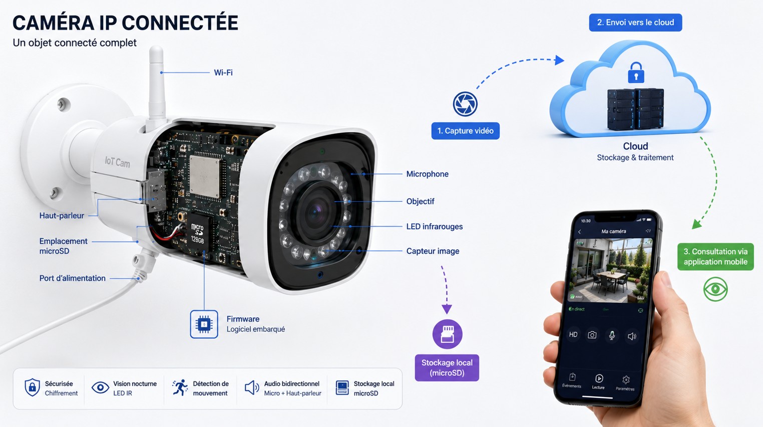 Caméra IP connectée annotée montrant son objectif, son capteur d'image, ses LED infrarouges, son microphone, son haut-parleur, son antenne Wi-Fi, son port d'alimentation, sa carte microSD, son firmware et sa connexion vers une application mobile ou un cloud.