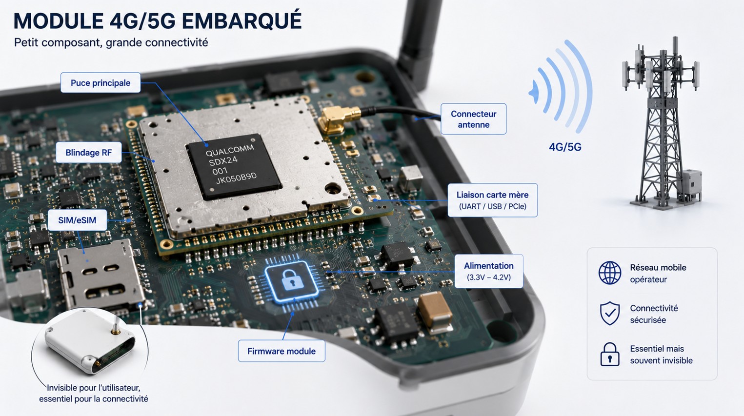 Module 4G/5G embarqué annoté montrant la puce principale, le blindage RF, le connecteur d'antenne, l'interface SIM/eSIM, l'interface vers la carte mère, le firmware du module, l'alimentation et les lignes de communication série ou USB.